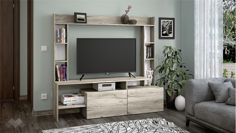 ТВ шкаф Боди с открити рафтове дъб крафт сив - изглед 1 - МебелМаг ТВ шкаф Боди с открити рафтове дъб крафт сив - изглед 1