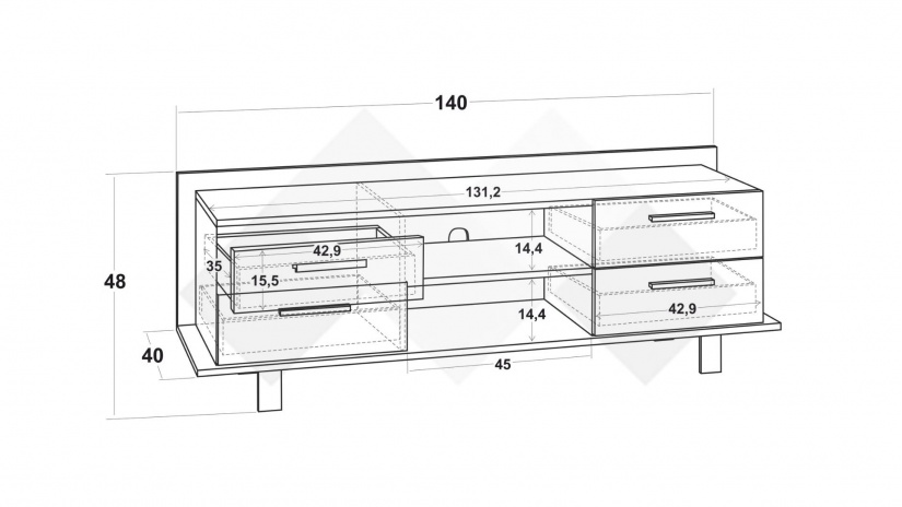 ТВ шкаф Модика с открити рафтове златен дъб с бяло - изглед 3 - МебелМаг ТВ шкаф Модика с открити рафтове златен дъб с бяло - изглед 3