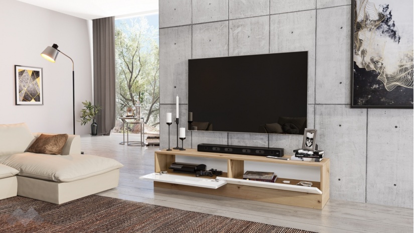 ТВ шкаф Толедо дъб артисан с МДФ бяло гланц - изглед 2 - МебелМаг ТВ шкаф Толедо дъб артисан с МДФ бяло гланц - изглед 2