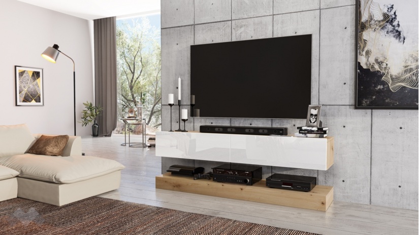 ТВ шкаф Толедо дъб артисан с МДФ бяло гланц - изглед 1 - МебелМаг ТВ шкаф Толедо дъб артисан с МДФ бяло гланц - изглед 1