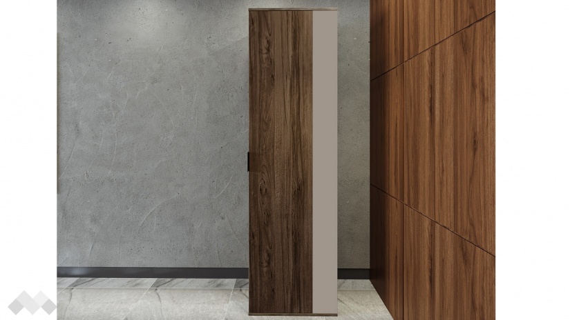 Висок шкаф Поситано дъб дилън тъмен с капучино мат и пасифик - изглед 1 - МебелМаг Висок шкаф Поситано дъб дилън тъмен с капучино мат и пасифик - изглед 1