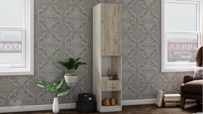 Висок шкаф Адам дъб крафт бял с дъб крафт сив - изглед 1 - МебелМаг Висок шкаф Адам дъб крафт бял с дъб крафт сив - изглед 1