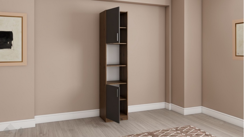 Висок шкаф с две врати Хироу с открити рафтове дъб вотан с черно шагре - изглед 2 - МебелМаг Висок шкаф с две врати Хироу с открити рафтове дъб вотан с черно шагре - изглед 2