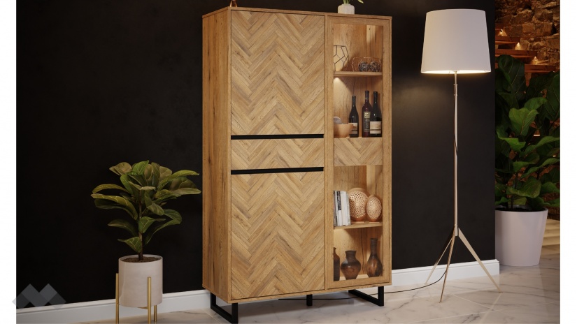 Висок шкаф с витрина Никодис с витрина дъб натурал с черен мат и житен дъб - изглед 1 - МебелМаг Висок шкаф с витрина Никодис с витрина дъб натурал с черен мат и житен дъб - изглед 1