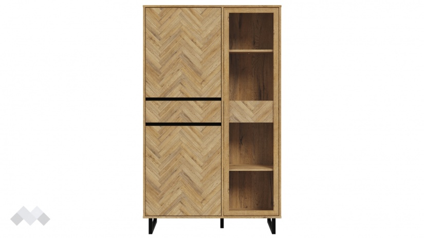 Висок шкаф с витрина Никодис с витрина дъб натурал с черен мат и житен дъб - изглед 2 - МебелМаг Висок шкаф с витрина Никодис с витрина дъб натурал с черен мат и житен дъб - изглед 2