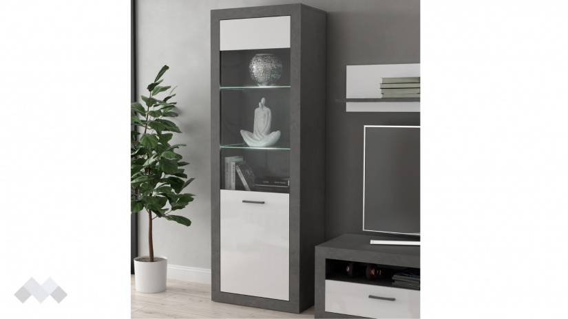 Висок шкаф Требия с витрина сиво с бял гланц - изглед 1 - МебелМаг Висок шкаф Требия с витрина сиво с бял гланц - изглед 1