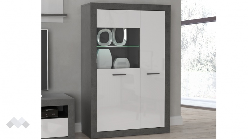 Висок шкаф с две врати Требия с витрина сиво с бял гланц - изглед 1 - МебелМаг Висок шкаф с две врати Требия с витрина сиво с бял гланц - изглед 1