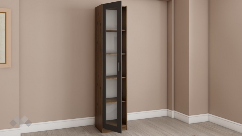 Висок шкаф с витрина Хироу с витрина дъб вотан с черно шагре - изглед 2 - МебелМаг Висок шкаф с витрина Хироу с витрина дъб вотан с черно шагре - изглед 2