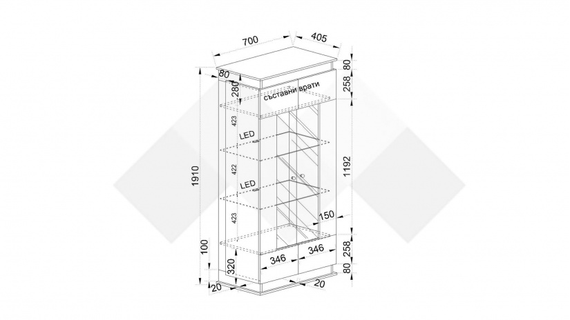 Висок шкаф с витрина Купър песаро с графит - изглед 2