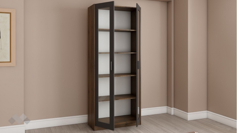 Висок шкаф с витрина Хироу с витрина дъб вотан с черно шагре - изглед 2 - МебелМаг Висок шкаф с витрина Хироу с витрина дъб вотан с черно шагре - изглед 2