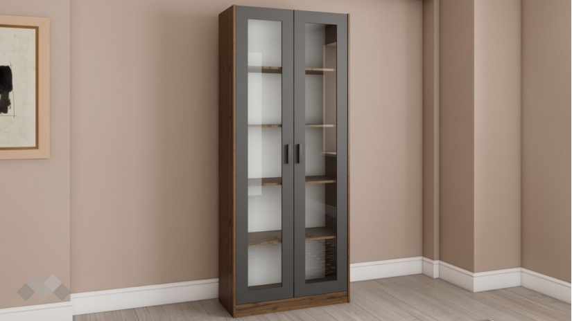 Висок шкаф с витрина Хироу с витрина дъб вотан с черно шагре - изглед 1 - МебелМаг Висок шкаф с витрина Хироу с витрина дъб вотан с черно шагре - изглед 1