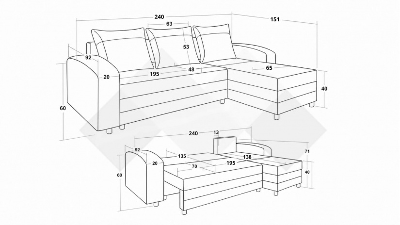 Ъглов диван Адриан универсален ъгъл черен с бяла кожа - изглед 4