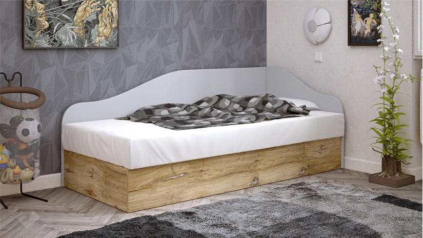 Ъглово легло 82/190 Селтик с включен матрак Бонел 82/190 келтски дъб със светло сиво - изглед 1 - МебелМаг Ъглово легло 82/190 Селтик с включен матрак Бонел 82/190 келтски дъб със светло сиво - изглед 1